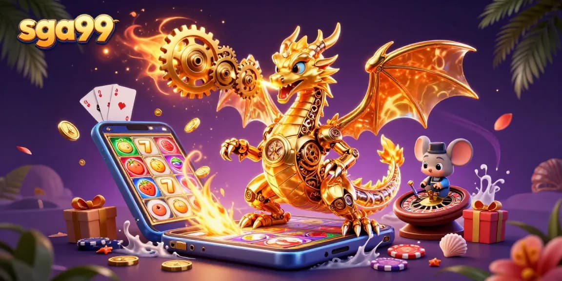 Spin the reels with SGA99's vibrant casino world, featuring a dragon and engineer.