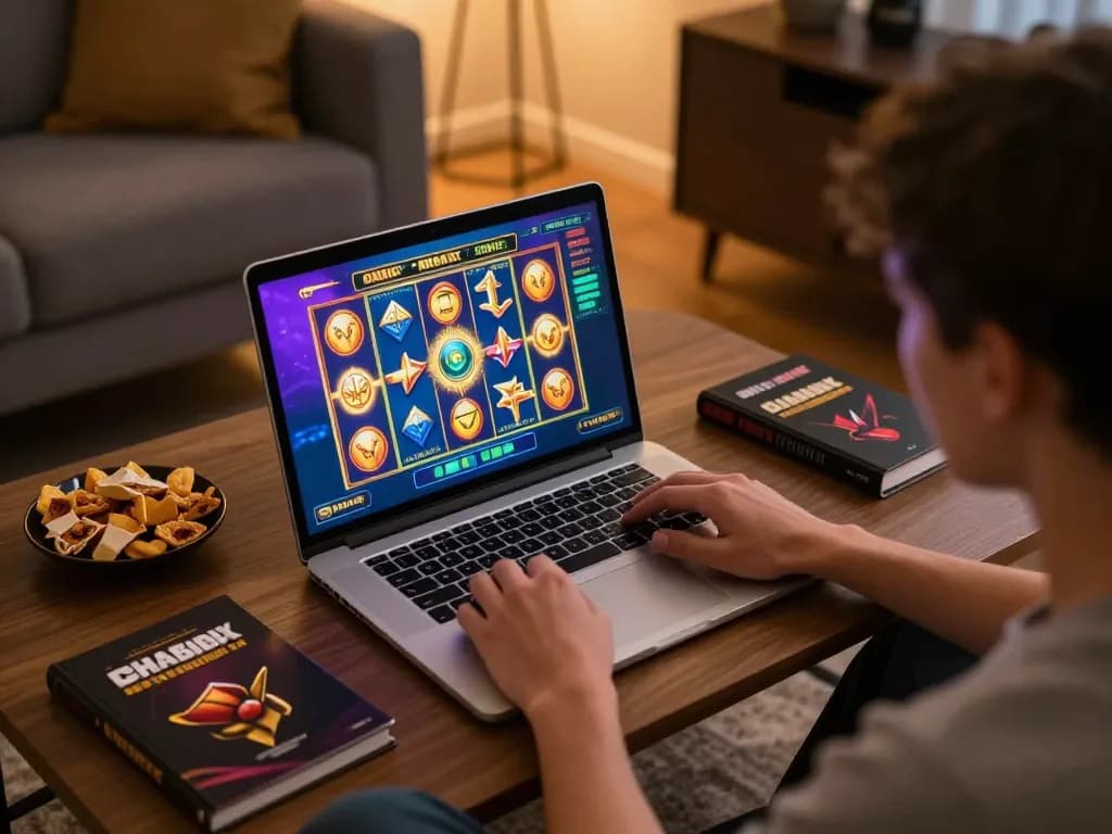 Player engaging with exciting slot online games on a laptop, showcasing colorful graphics.