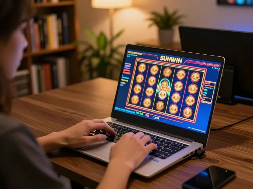 SUNWIN online gaming action with vibrant slot screen and cozy home atmosphere