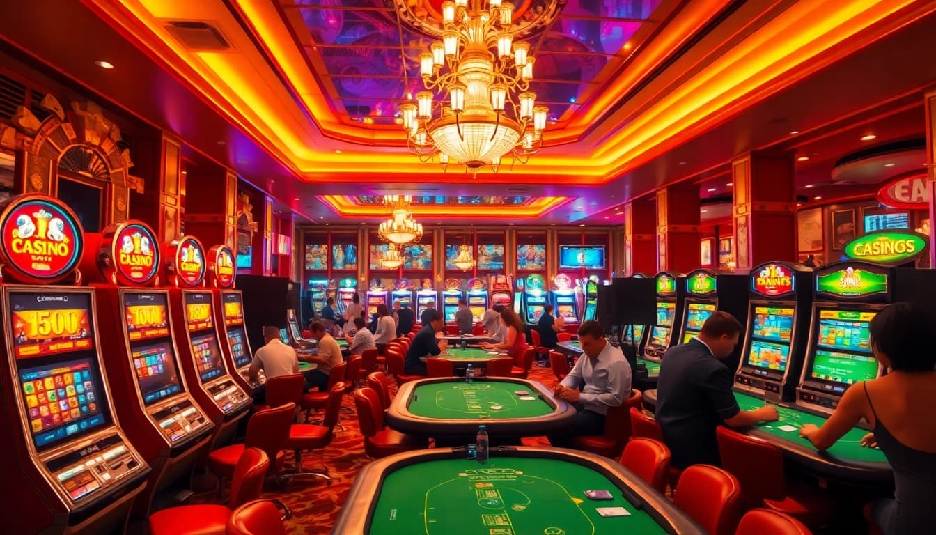Menggambarkan suasana kasino yang mewah dengan situs toto , mesin slot warna-warni, dan meja permainan yang ramai.