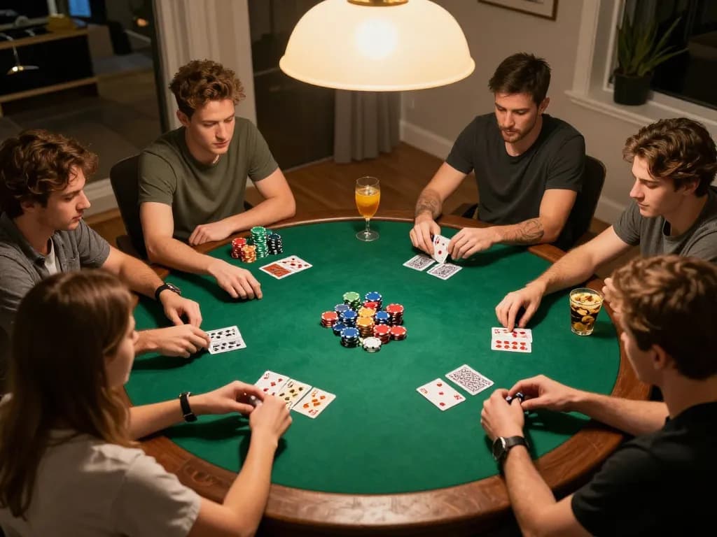 Friends enjoying a thrilling poker night with SC88 app on the table, showing vibrant gameplay atmosphere and camaraderie.