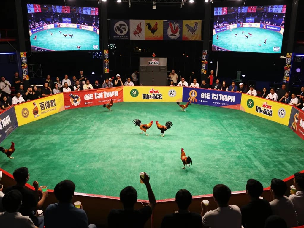 Watch intense đá gà trực tiếp c3 matches in a vibrant arena filled with cheering fans.