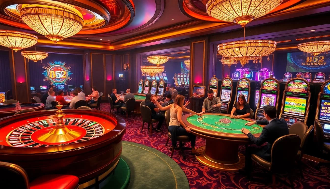 Experience the thrill of gambling at the b52-themed casino, with players cheering by roulette and poker tables.