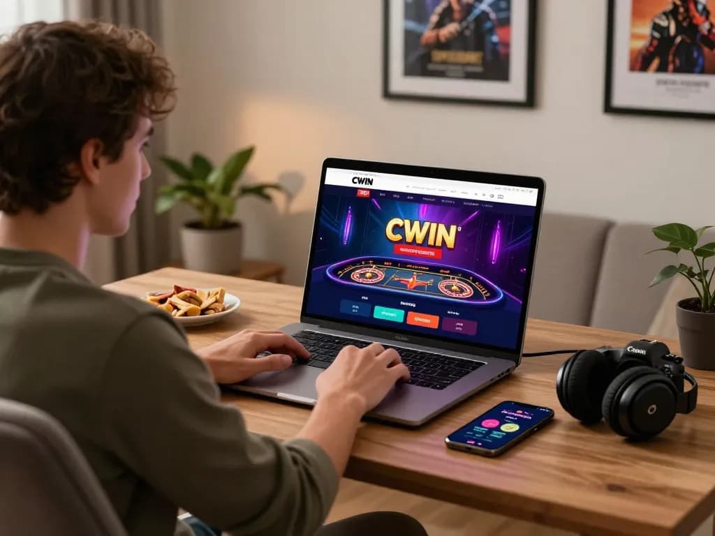 CWIN platform user enjoying live casino game on a sleek laptop in a cozy home setting