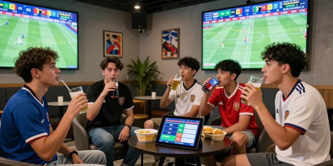 Excited friends enjoying live soccer betting on sbobet in a modern lounge