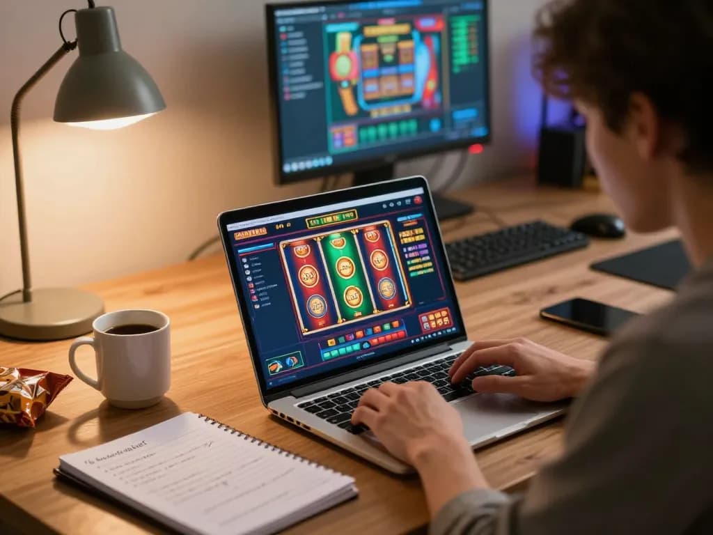 Player engaging with aman788's online casino slot game on a cozy desk setup.
