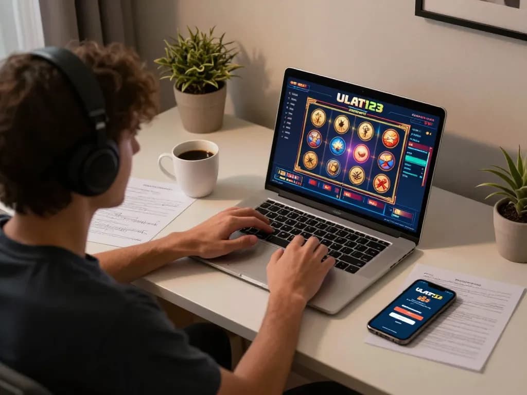 Pemain yang terlibat mengakses login Ulat123 di laptop mereka, menampilkan permainan kasino online yang menarik.