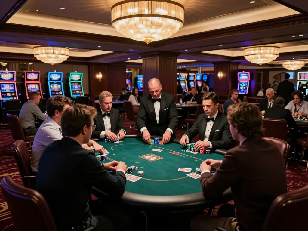 Players competing at a high-stakes poker table in an upscale casino scene featuring the keyword 88aa.