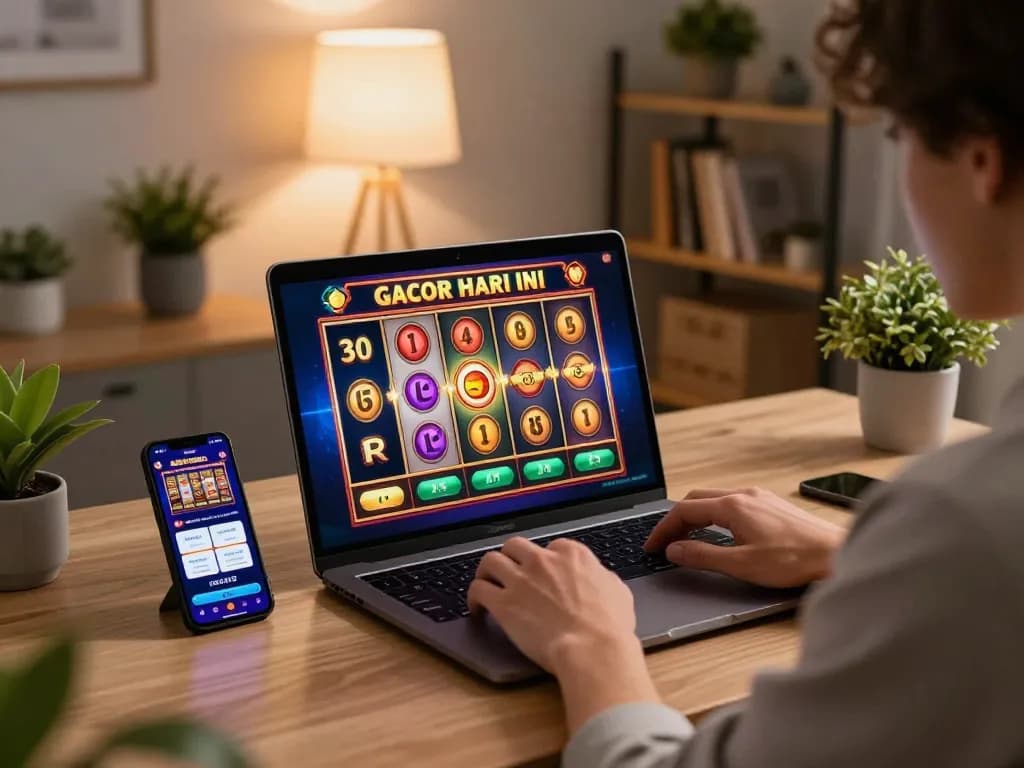 Playing slot gacor hari ini during an exciting online gaming session at home, showcasing a laptop and casino app.
