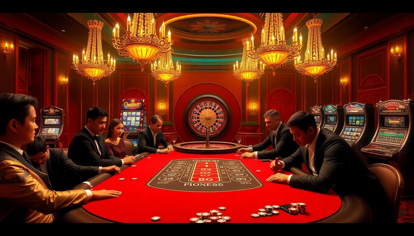 Players enjoy a high-stakes poker game at pg88 casino, surrounded by luxury and excitement.