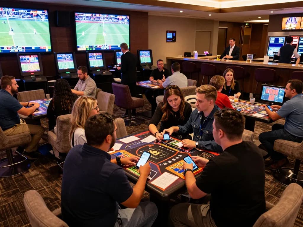 Sky88 sports betting lounge atmosphere with enthusiastic bettors engaged in live events
