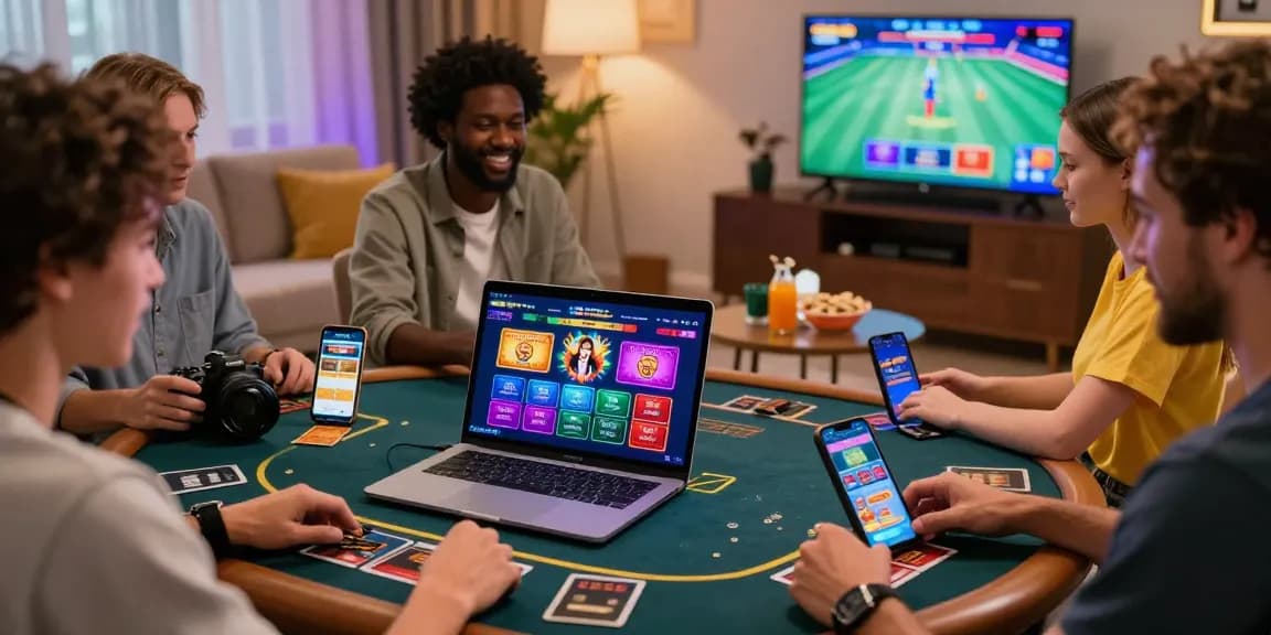 Engaging scene of players exploring credit card casinos at jumpspace.org.uk, with digital devices and lively energy in a cozy environment.