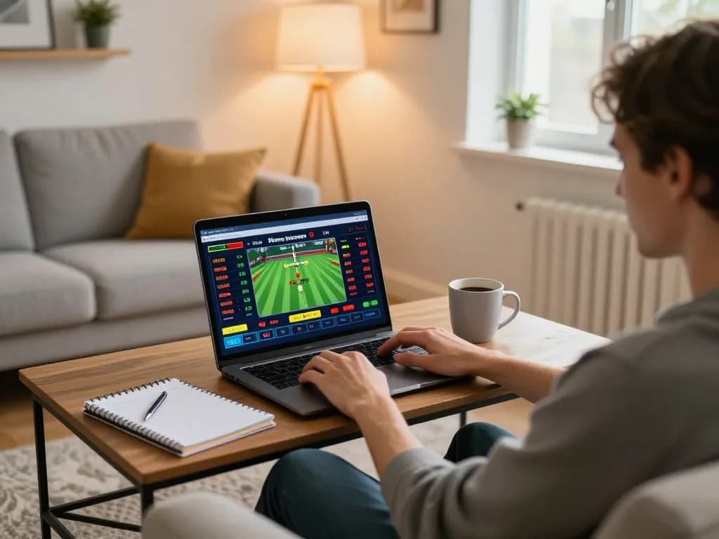 Engaging in strategic sports betting with bem88 nhà cái setup at home, showcasing live odds on a laptop.