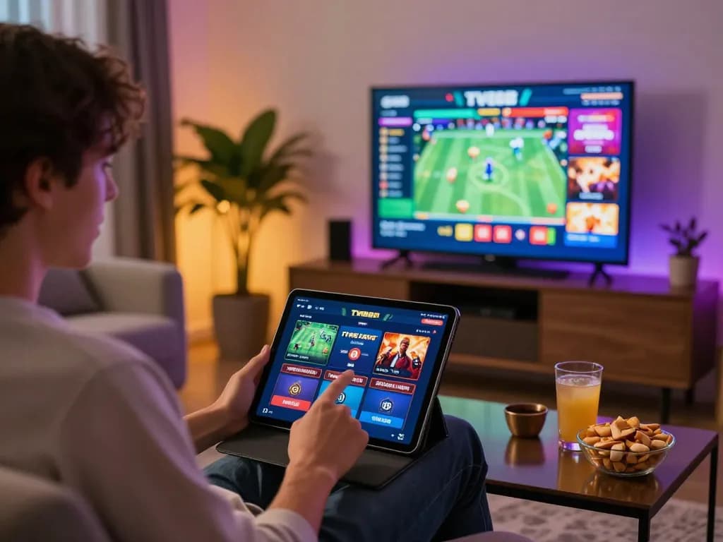 A user exploring the tv88 app in a modern living room setting with engaging online gaming elements.