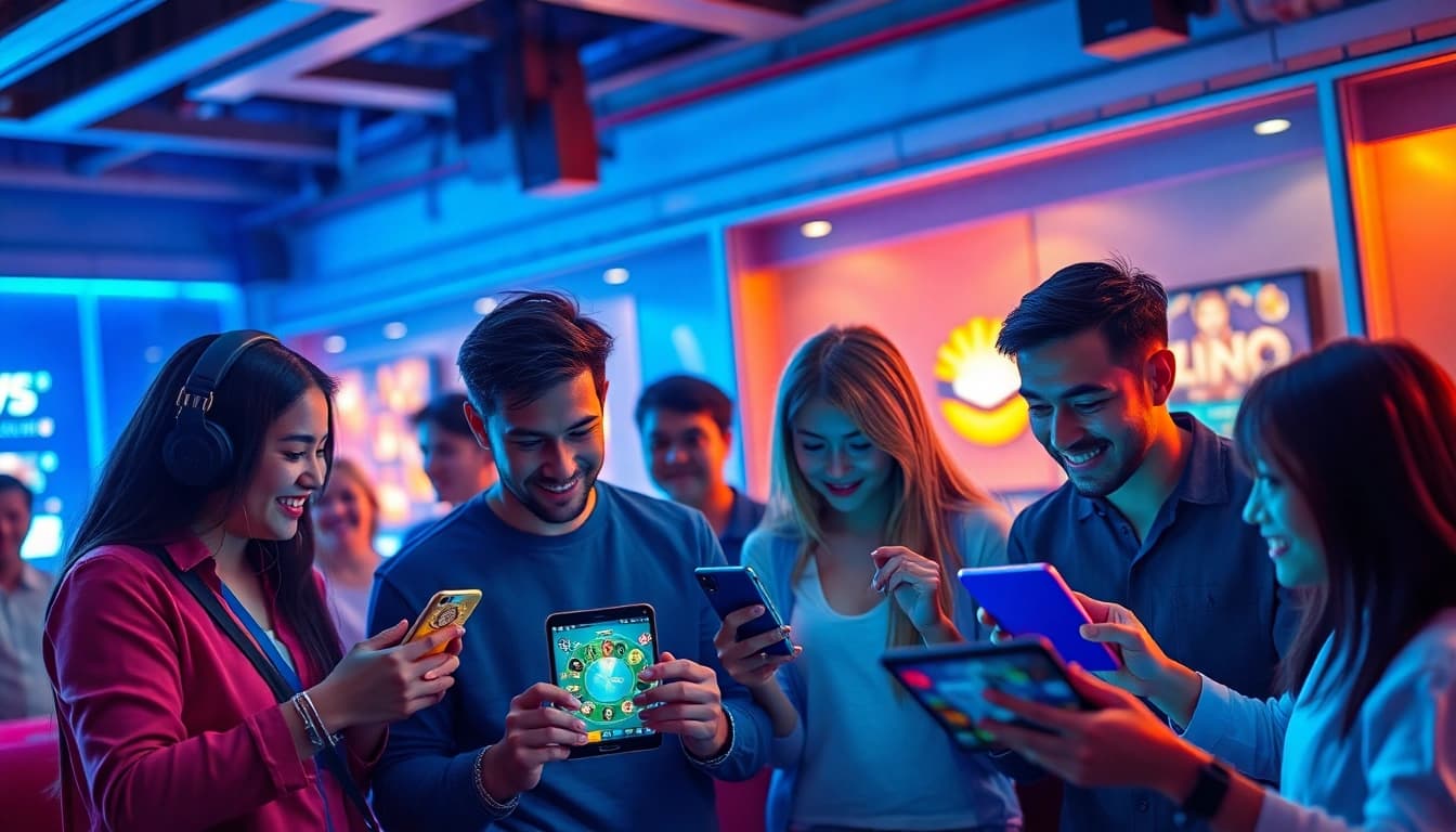 Cổng game Nhatvip vibrant online gaming interface with players engaging on various devices.