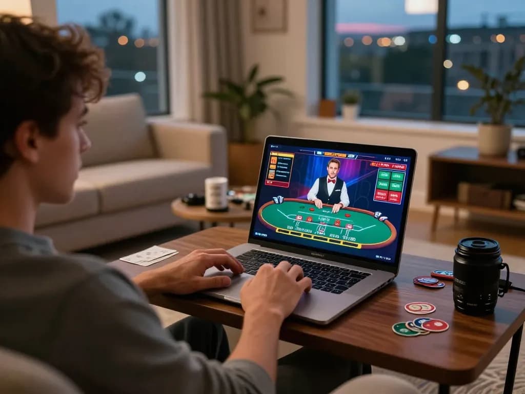 B52CLUB player enjoying live dealer blackjack game on laptop in cozy home setting