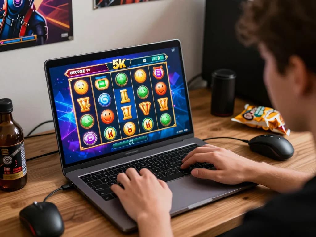 Player engaging with slot 5k game on a laptop, showcasing colorful graphics and exciting potential wins.