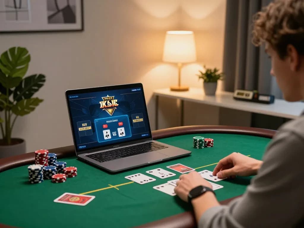 Player engaging in online poker at home with 555win app on laptop, showcasing thrilling gaming action.