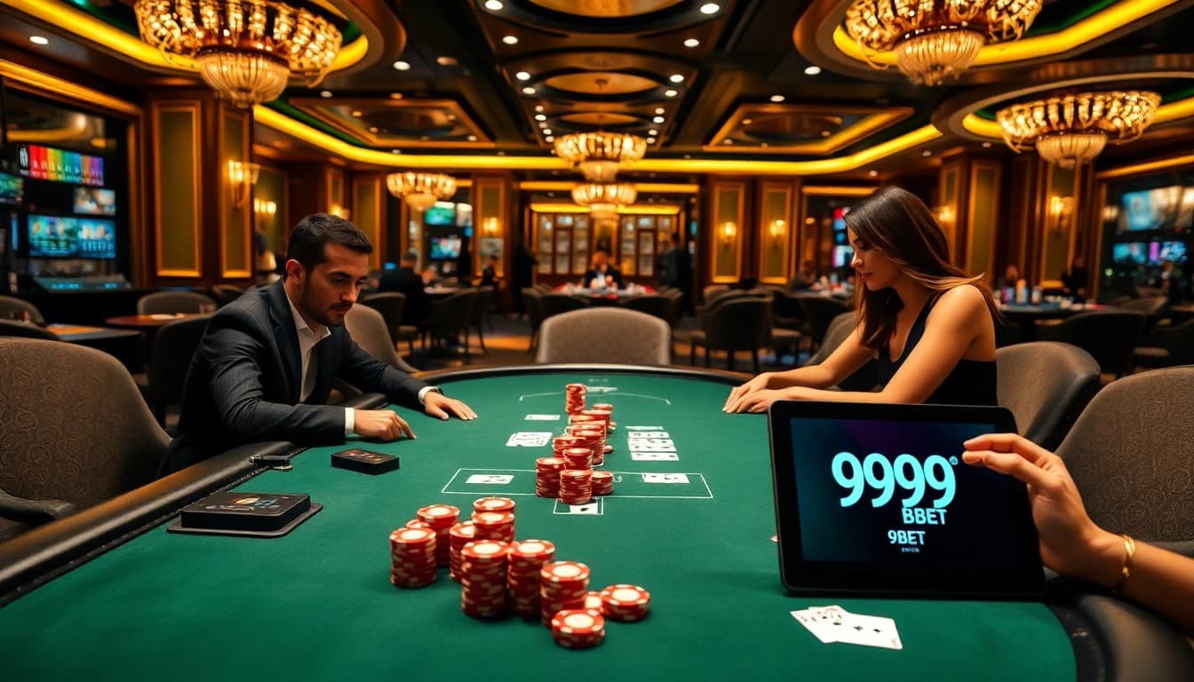 Experience thrilling poker action at 999BET with high-quality chips and cards in a luxurious casino.