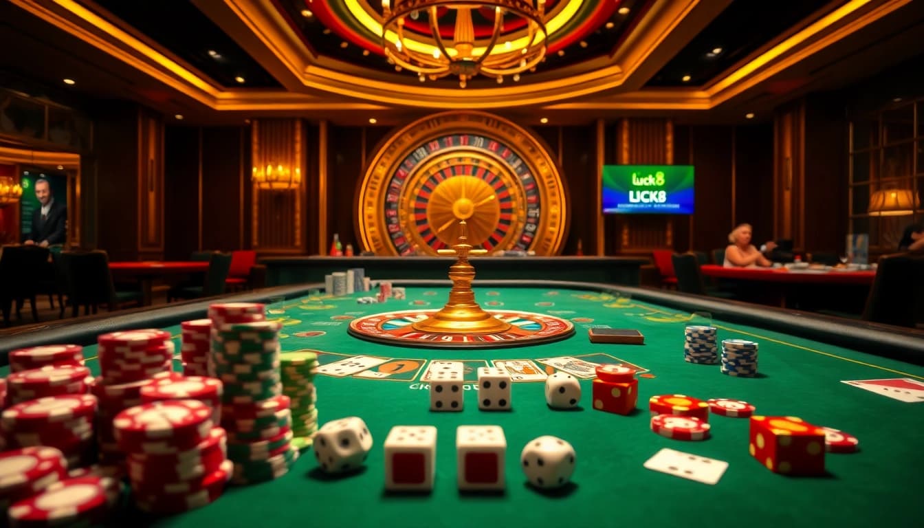 Luck8 casino scene showcasing vibrant poker chips and a roulette wheel in an exciting gambling atmosphere.