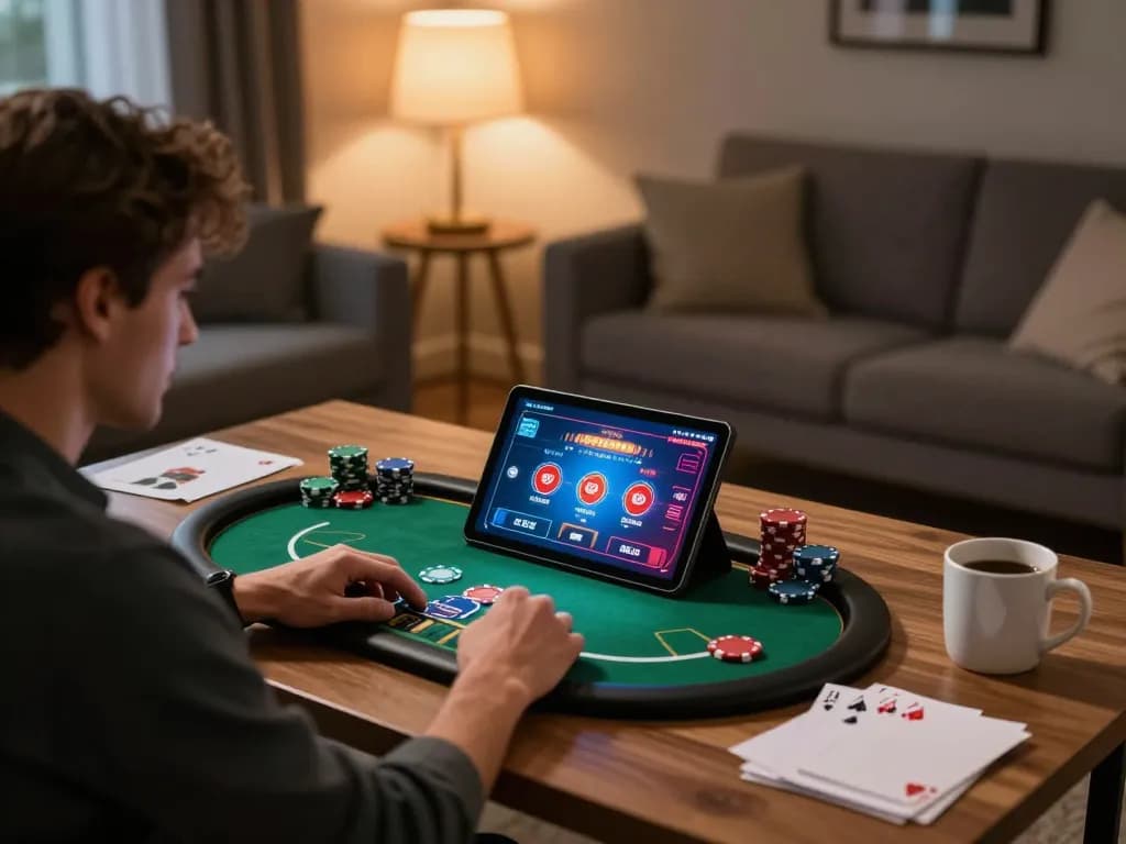Kuwin player strategizing poker at home using tablet for an immersive online gaming experience.