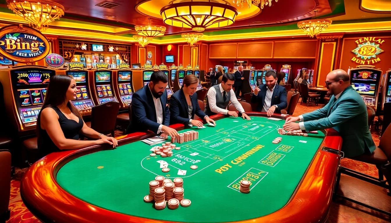 B52 themed casino scene with players engaged at a gambling table showcasing excitement and strategy.
