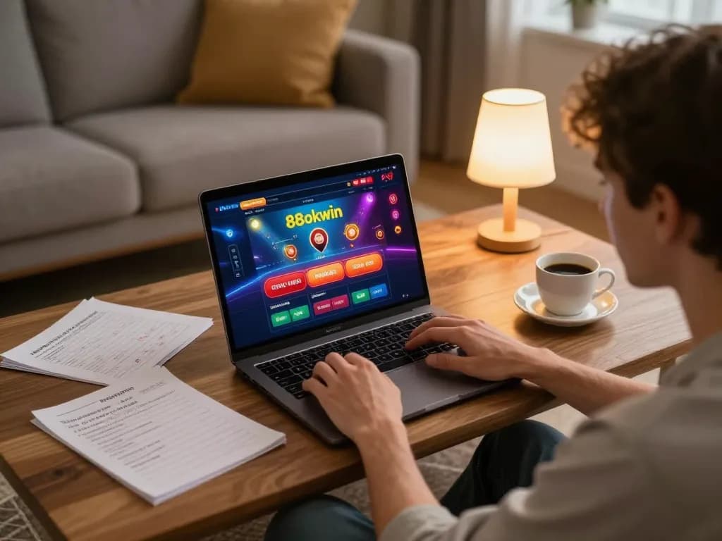 Engaging with 88okwin online casino during a cozy home gaming session.