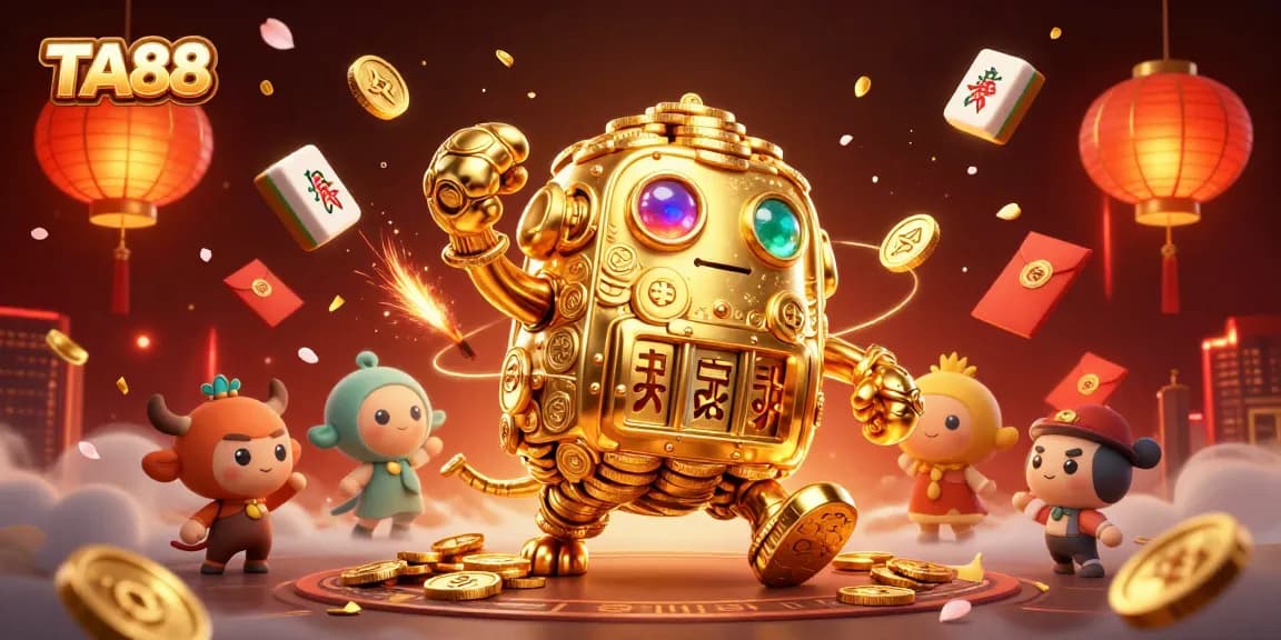 TA88 golem spins lucky coins amidst festive casino symbols and lights.