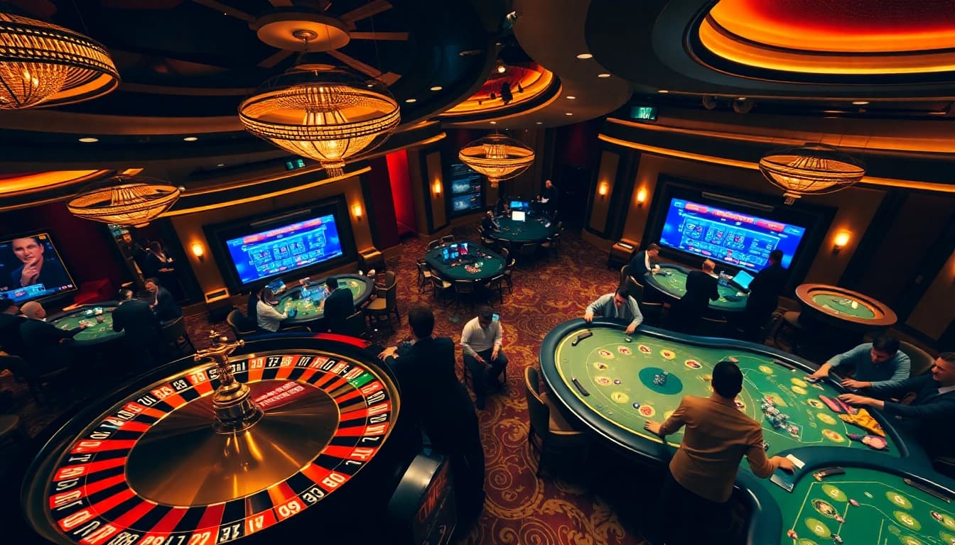 Experience the excitement of online gambling at https://fnew88.com/ featuring luxury casino tables and players enjoying their favorite games.