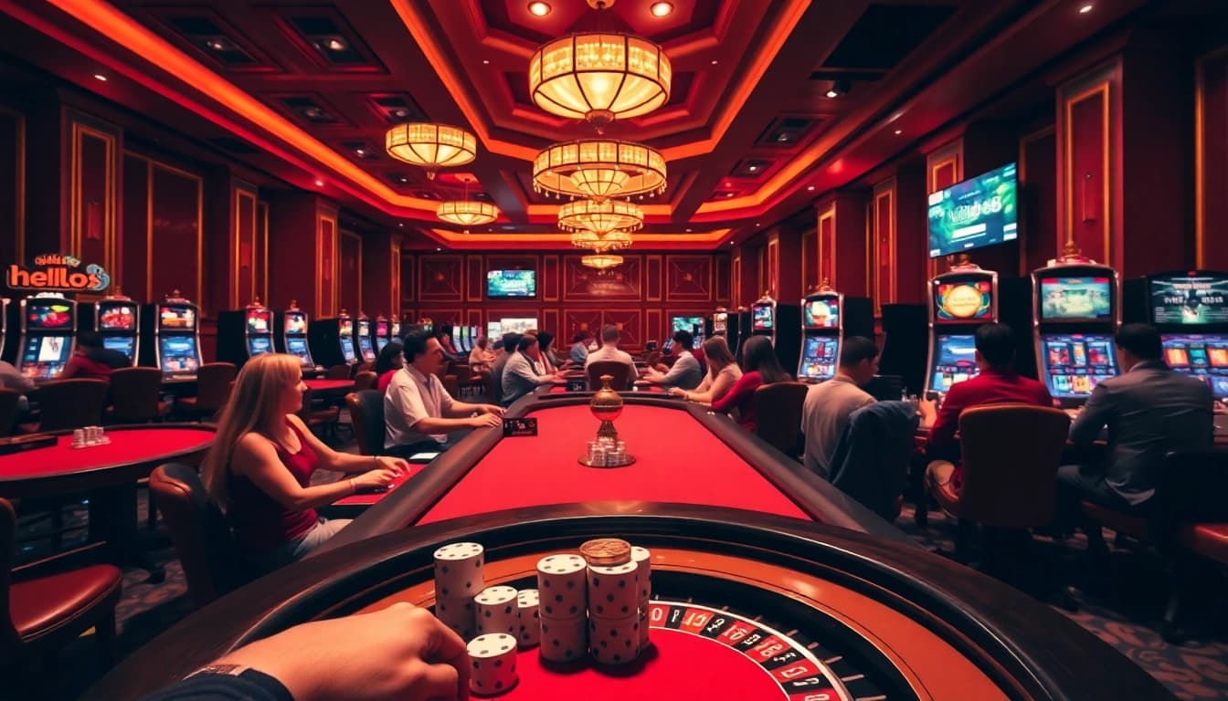 Exciting gambling scene at hello88 casino with poker chips and roulette wheel.