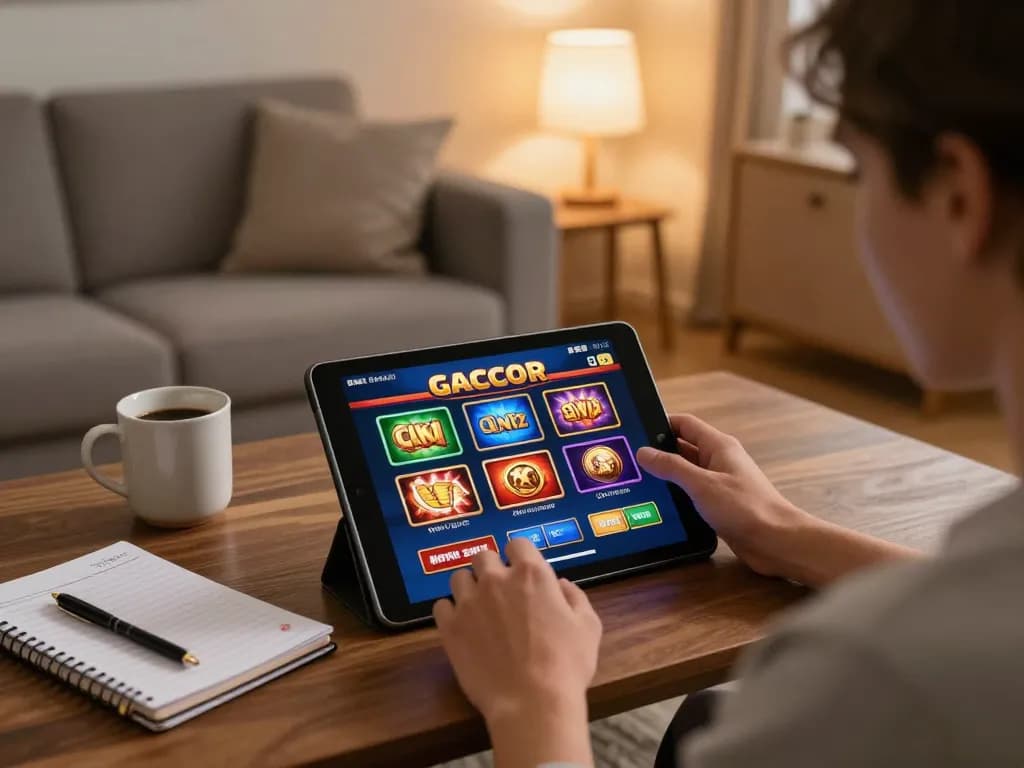 Engaging with Slot Gacor games on a tablet in a cozy home gaming setup.