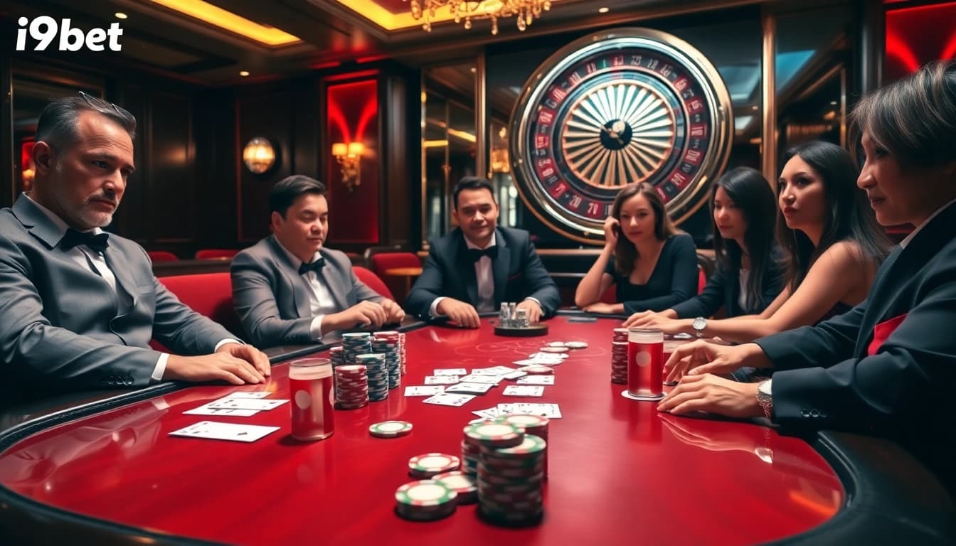 Exciting poker action at i9bet's luxurious casino table with high-stakes chips and cards.