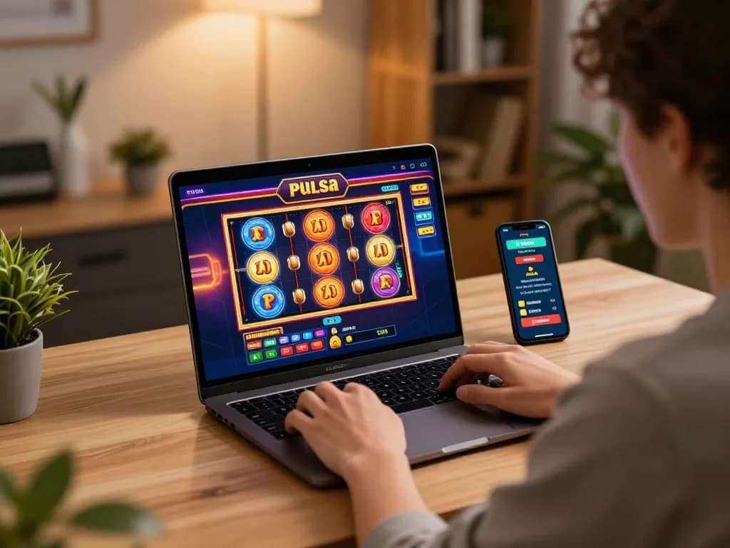 Pemain terlibat dalam permainan slot pulsa online, menampilkan permainan berwarna-warni dan antarmuka yang ramah pengguna dalam pengaturan yang nyaman.