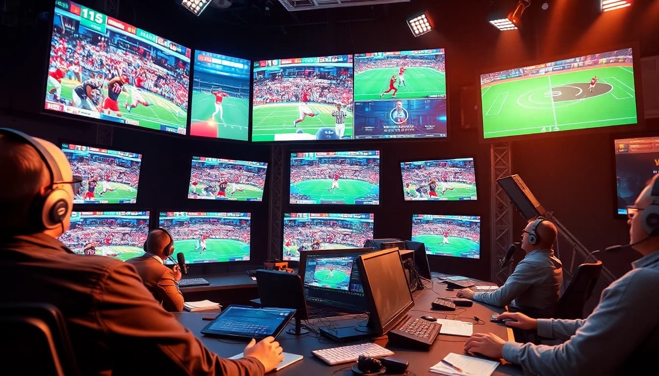 Showcasing sports broadcasting technology with vibrant graphics and live sports displays.