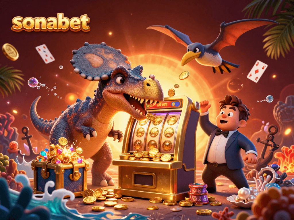 Sonabet features a vibrant 3D illustration of a dinosaur-themed casino scene with jackpot action.