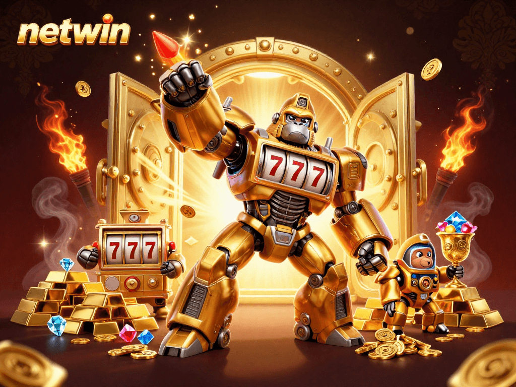 Engage in exciting gameplay at netwin with a vibrant 3D illustration of a gorilla mech and treasure.