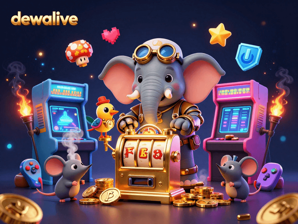 Mainkan Dewalive dengan mesin slot emas yang dikelola oleh karakter unik di pemandangan menarik.