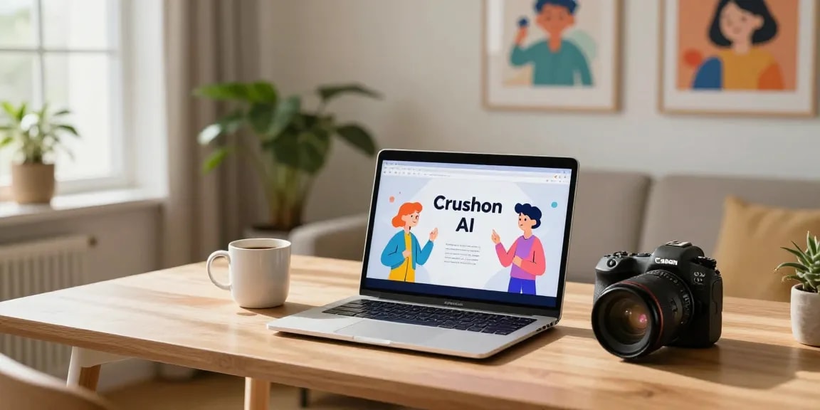 Engaging with Crushon IA on a laptop with animated characters in a cozy home office.