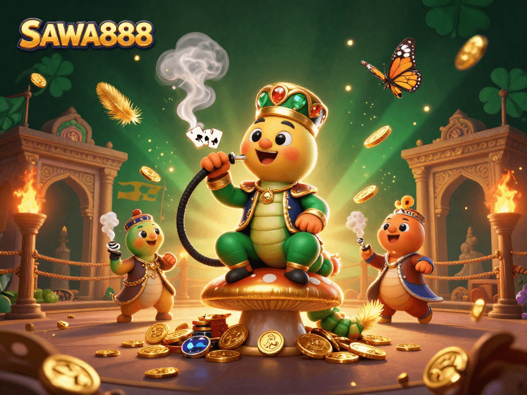 Experience the excitement of SAWA888 with vibrant characters and dynamic gaming elements in a rich casino environment.