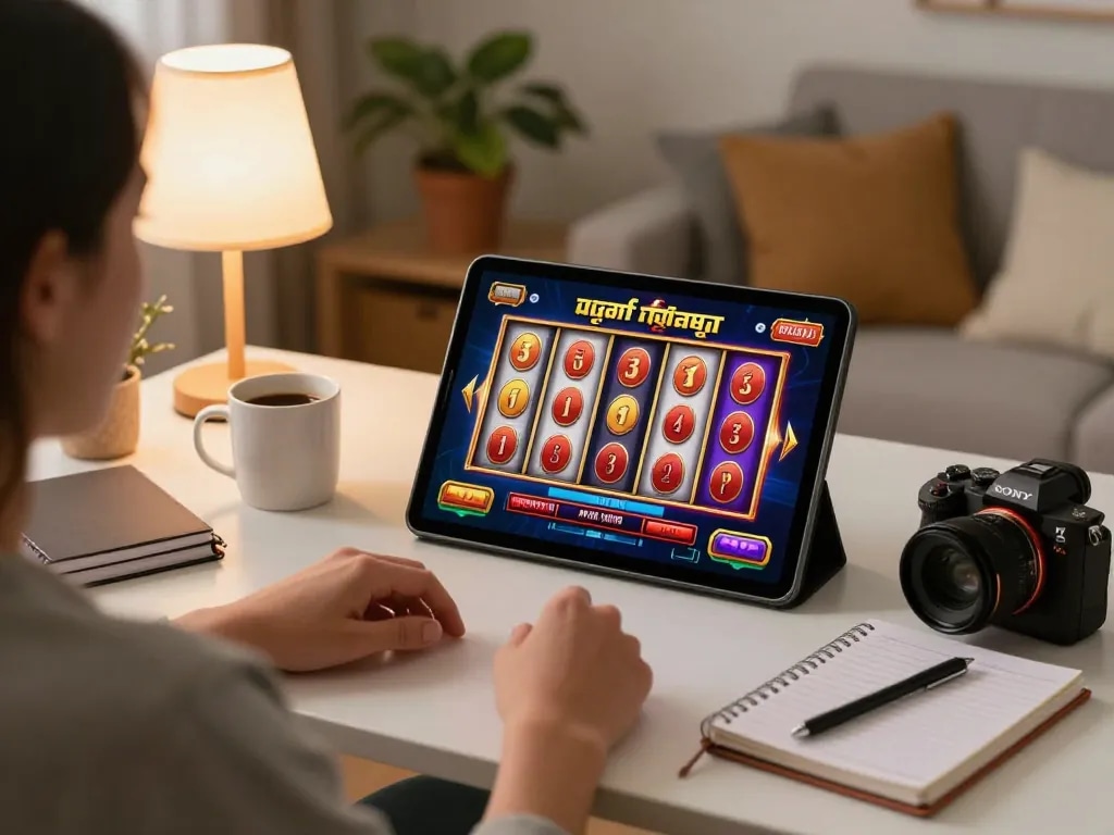 Berjudi pada permainan slot aman788 di tablet dalam suasana rumah yang nyaman dengan catatan strategi yang terlihat.