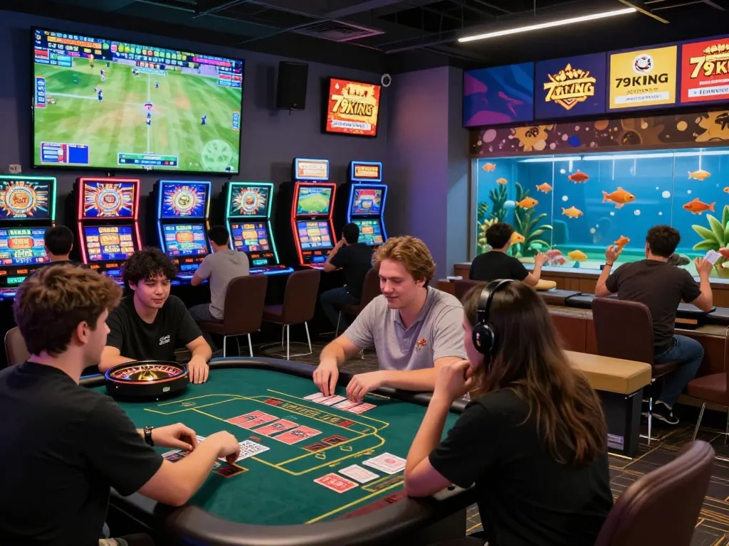 79king.fail vibrant online gaming scene with diverse players enjoying sports betting, live casino games, and slot machines, creating an exciting atmosphere.
