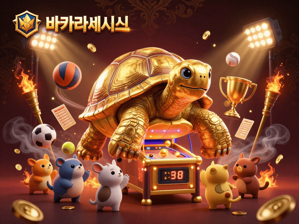 바카라사이트에서 즐거운 게임을 기다리는 작은 동물들과 금색 거북이의 장면