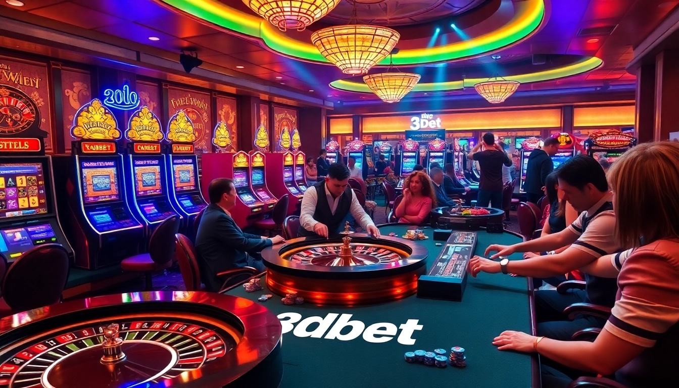 Experience the thrill of 3Dbet at a vibrant casino bustling with excited gamblers and gaming tables.
