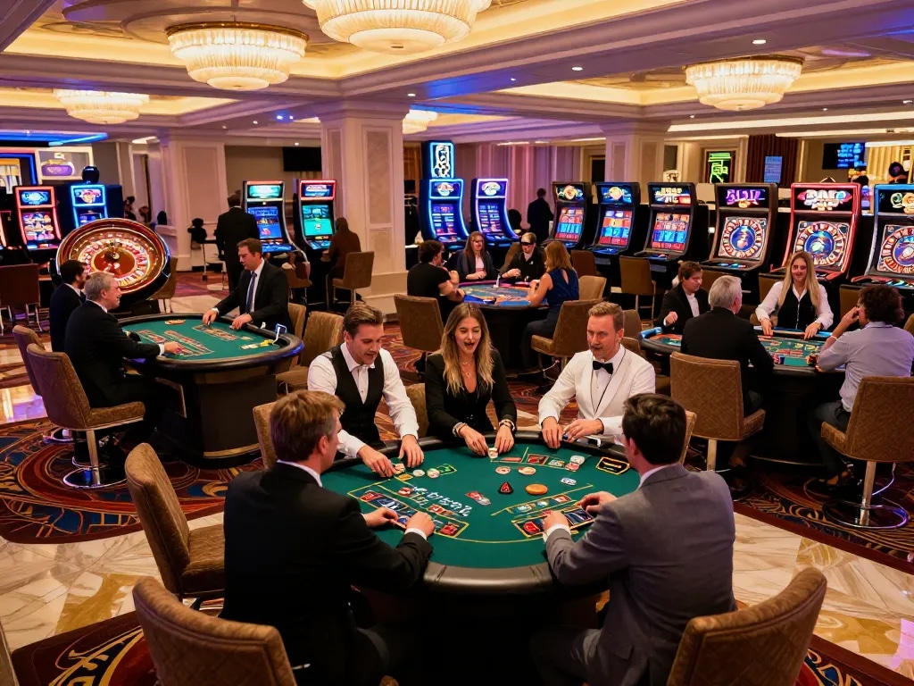 FC88 players enjoying blackjack action in an upscale Las Vegas casino atmosphere