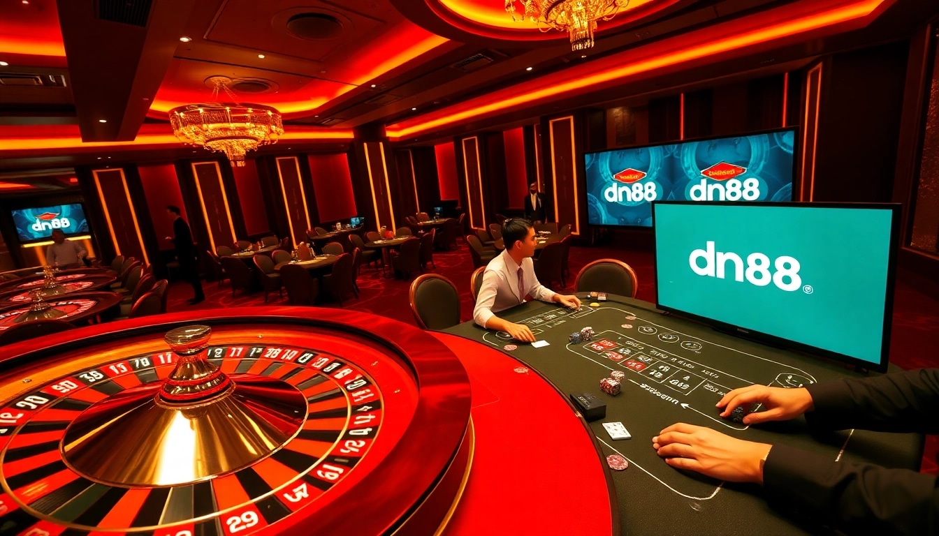Experience the excitement of dn88 casino games with colorful roulette wheels and engaging players.