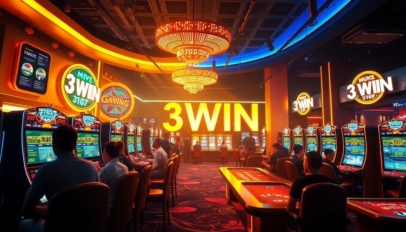 3WIN gaming scene with vibrant casino lights, thrilling atmosphere, and luxury gaming experience.
