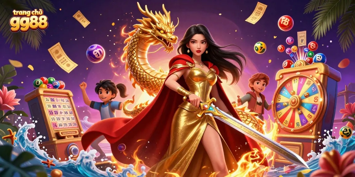 Play at trang chủ gg88 with vibrant roulette wheels and a warrior queen in a rich casino environment.