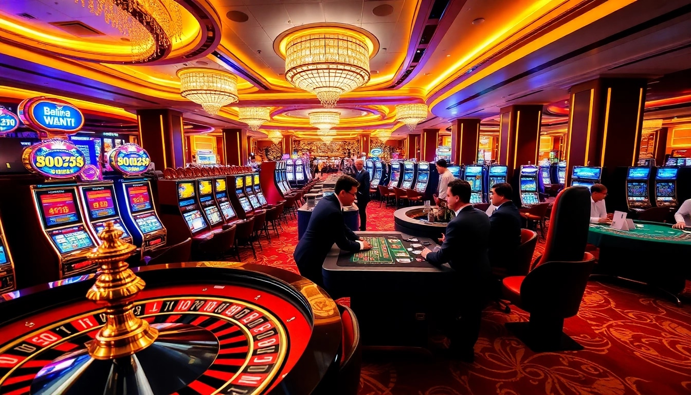 SUNWIN casino featuring vibrant slot machines and a roulette table in a luxurious setting.