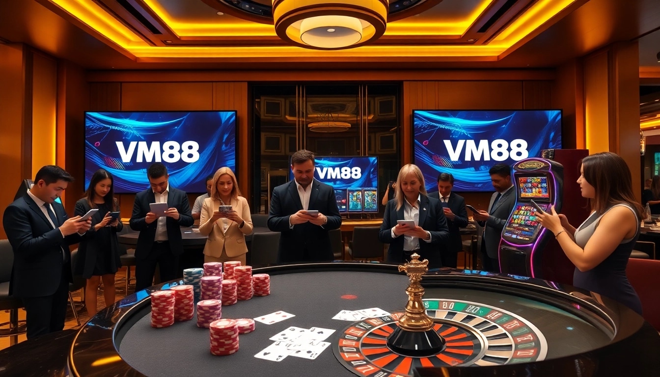 VM88 professional gambler stacking poker chips and spinning roulette wheel at luxury casino table