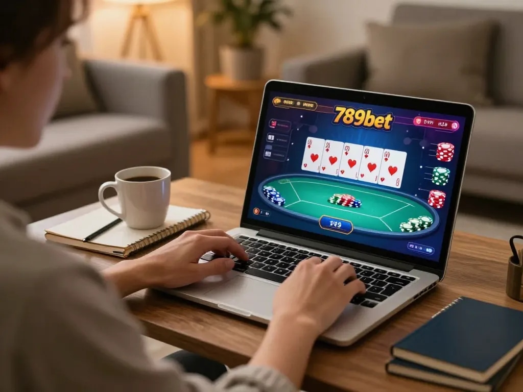 Player engaging in 789bet online gaming with vibrant poker interface in cozy home setting.